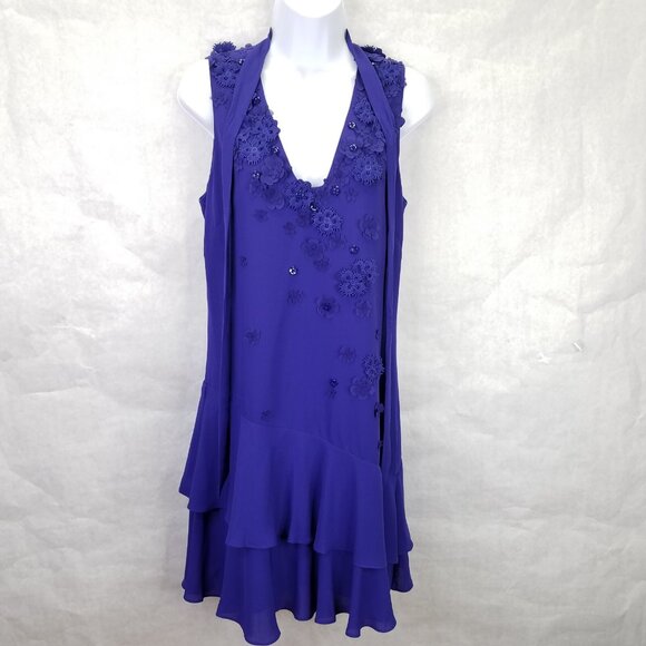 Karen Millan Mini Dress Sz 6 Floral Applique Beads Taffeta Purple Ruffle Tiered - Picture 1 of 16
